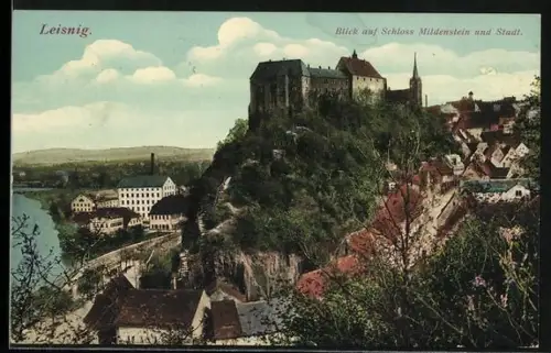 AK Leisnig, Blick auf Schloss Mildenstein und Stadt