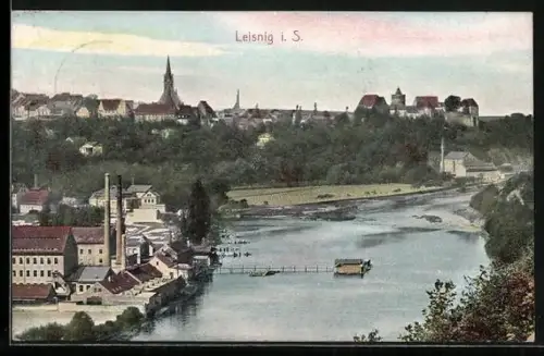 AK Leisnig i. S., Stadtansicht mit Kirche, Schloss und Muldeufer
