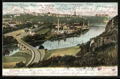 AK Leisnig, Gesamtansicht, Brücke, Fabrikanlagen