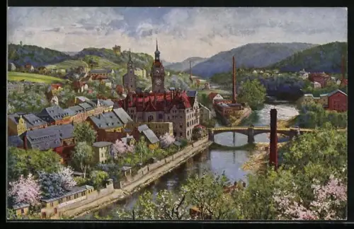 Künstler-AK Waldheim i. Sa., Stadtansicht mit Rathaus