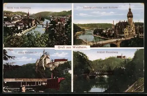 AK Waldheim / Sachsen, Zschopaubrücke, Burg Kriebstein, Schloss Ehrenberg