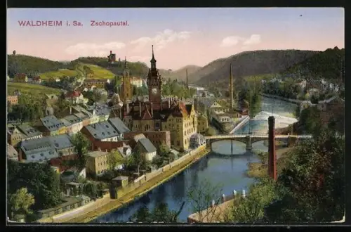 AK Waldheim i. Sa., Zschopautal, Stadtansicht, Fluss, Brücke