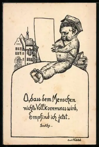 Künstler-AK sign. Curt Kästel: Riesa, Student mit Blatt in der Hand, O dass dem Menschen nichts Vollkommnes wird...