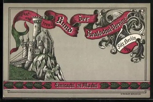 Künstler-AK Bund der Realschul-Vereine, gegr. 1909, Burg mit Schriftzug auf einem Band