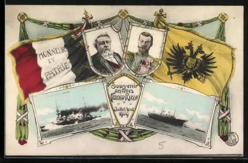 Künstler-AK Fête Franco-Russe 1909, Nikolaus II im Porträt, Schiffe auf hoher See