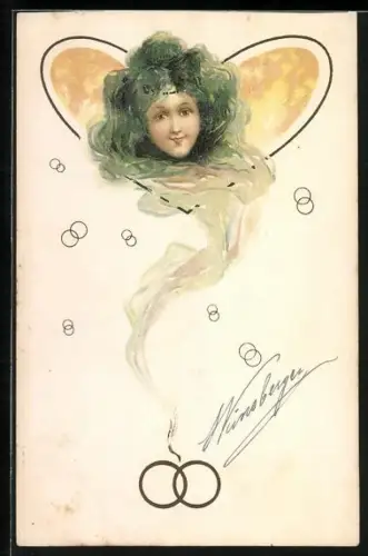 Künstler-AK Frauenporträt im herzförmigen Rahmen