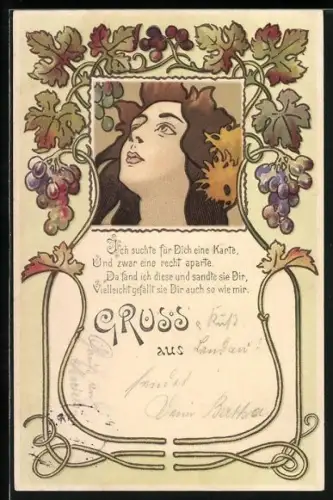 Künstler-AK Frauenporträt gerahmt von Weinblättern und -trauben, Jugendstil