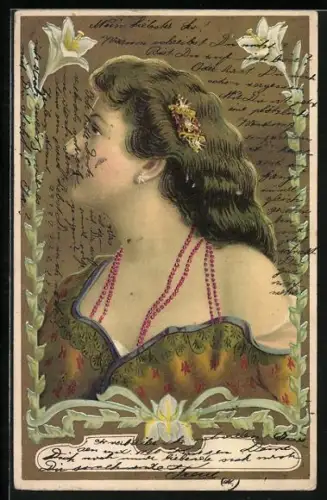 Künstler-AK Dame im Profil gerahmt von weissen Lilie, Jugendstil