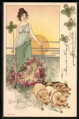 Künstler-AK Das neue Jahr in Gestalt einer schönen Frau auf einer Schweinekutsche, Jugendstil