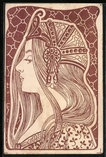 Künstler-AK Frau mit Kopfschmuck im Profil, Jugendstil