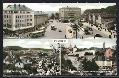 AK Siegen i. W., Bahnhofs-Vorplatz, Blick vom Giersberg, Unteres Schloss und Martinikirche