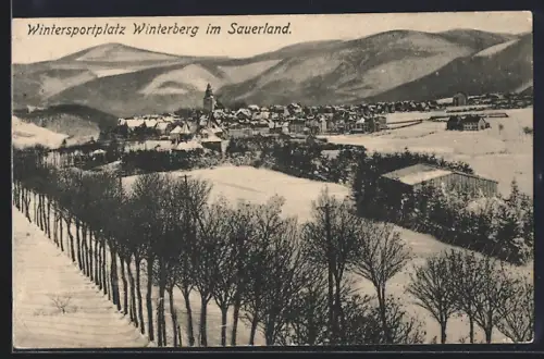 AK Winterberg im Sauerland, Wintersportplatz, verschneite Ortsansicht, Berge