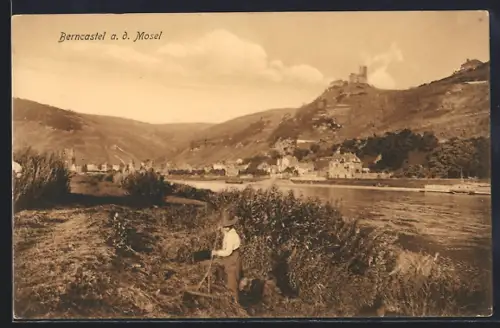 AK Berncastel a. d. Mosel, Moselblick, Burgruine, Weinberge