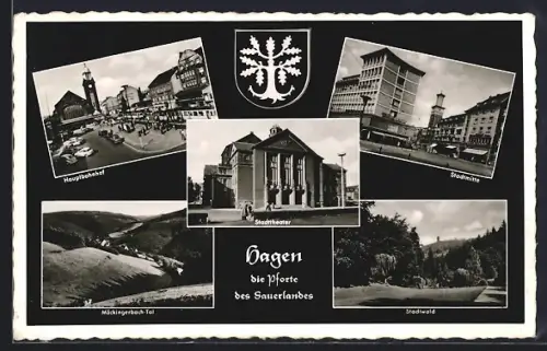 AK Hagen / Westfalen, Hauptbahnhof, Stadttheater, Stadtmitte, Stadtwald