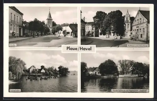 AK Plau /Havel, Kirche, Rathaus und HO-Hotel, Plauer Schleuse mit Restaurant Seeblick