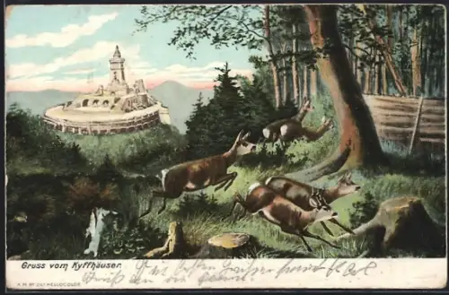 AK Kyffhäuser, Kyffhäuserdenkmal, Rehe im Wald