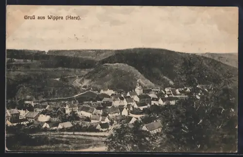 AK Wippra /Harz, Ortsansicht mit Kirche und umliegenden Hügeln