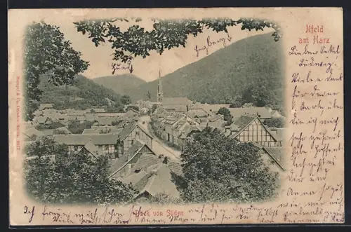 AK Ilfeld am Harz, Ortsansicht von Süden, Kirche, Fachwerkhäuser