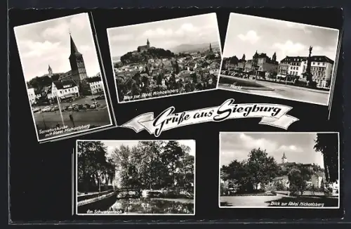 AK Siegburg, Michaelsberg, Marktplatz, Schwannenteich, Blick zur Abtei Michaelsberg