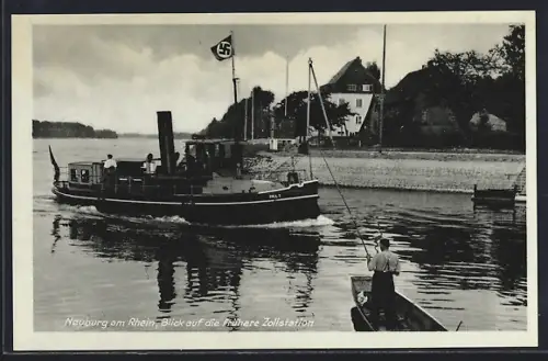 AK Neuburg am Rhein, Frühere Zollstation, Dampfschiff mit 