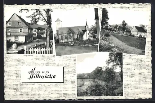 AK Hillmicke, Kirche, Dorfstrasse, Landschaftsansicht