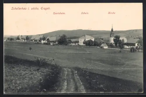 AK Schellerhau i. sächs. Erzgeb., Ortsansicht mit Sportheim, Schule und Kirche