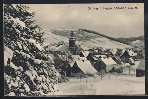 AK Geising i. Erzgeb., Ortsansicht mit Kirche im Winter