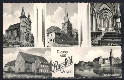AK Raesfeld, Schlosskapelle, Partie an der Kirche, Kath. Kirche, Alexandershule