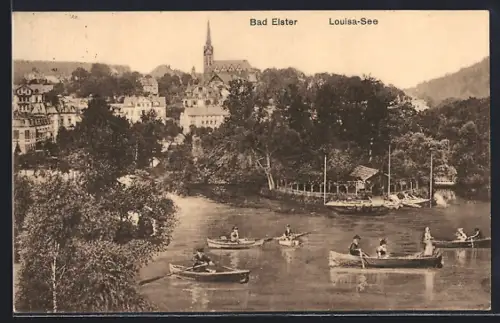 AK Bad Elster, Bootspartie auf dem Louisa-See, Blick zur Kirche