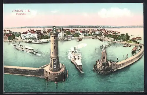 AK Lindau i.B., Panorama des Hafens, Dampfer am Leuchtturm
