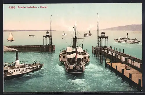 AK Friedrichshafen /Bodensee, Hafen mit Dampfern
