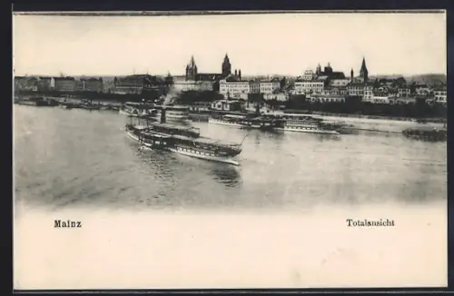 AK Mainz, Panorama, Flusspartie mit Dampfer