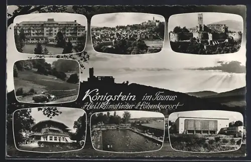AK Königstein im Taunus, Ortsansicht, Burgruine, Schwimmbad und Hotels