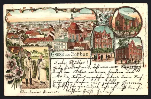Lithographie Cottbus, Schwesternhaus, Diakonissenhaus Salem, Kreuzkirche und Stadtpanorama