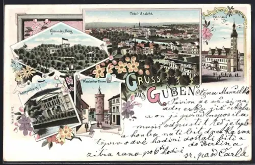 Lithographie Guben, Gasthaus Schützenhaus, Kaminsky-Berg, Rathhaus, Werderthor-Turm und Totalansicht