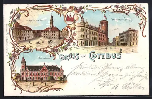 Lithographie Cottbus, Marktplatz mit Rathaus, Spremberger Thor und Postgebäude