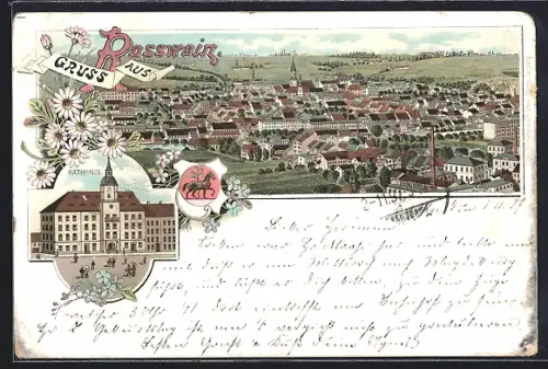Lithographie Rosswein, Stadtpanorama und Rathaus