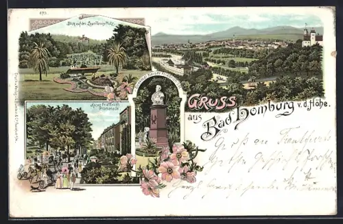 Lithographie Bad Homburg v. d. Höhe, Lawn-Tennis-Platz, Kaiser Friedrichs-Promenade und Denkmal Kaiser Friedrich III.