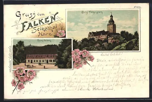 Lithographie Selkethal /Harz, Gasthaus Zum Falken, Burg Falkenstein