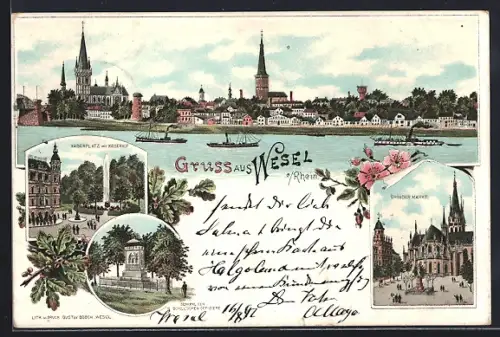 Lithographie Wesel /Rhein, Grosser Markt, Kaiserplatz mit Kaiserhof, Stadtpanorama am Rhein