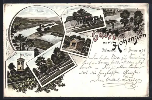 Lithographie Witten, Hohenstein, Wald-Restaurant, Forsthaus, Wetterstrasse und Helenenthurm