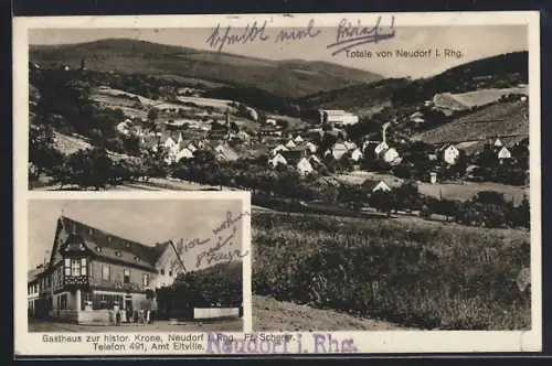 AK Neudorf / Rheingau, Gasthaus zur hist. Krone, Bes. Fr. Scherer, Totalansicht