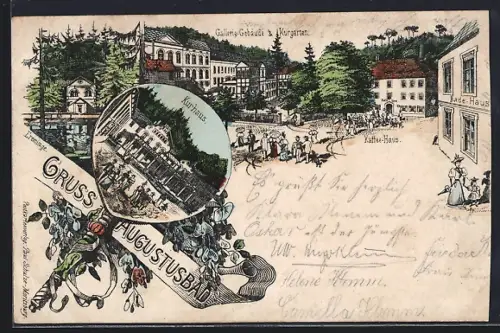 Lithographie Augustusbad, Kurhaus, Galerie-Gebäude und Kurgarten, Kaffee-Haus, Eremitage