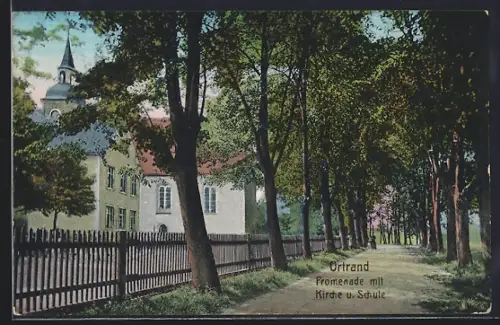 AK Ortrand, Promenade mit Kirche und Schule