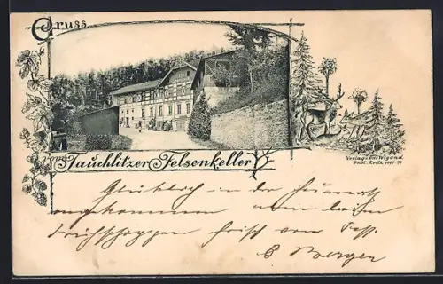 Lithographie Crossen /Elster, Gasthof Tauchlitzer Felsenkeller