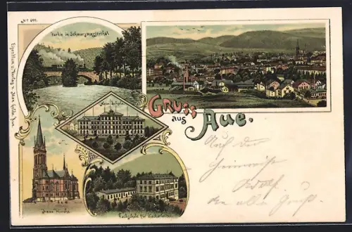 Lithographie Aue / Erzgebirge, Partie im Schwarzwasserthal, Neue Schule, Neue Kirche, Fachschule für Blecharbeit