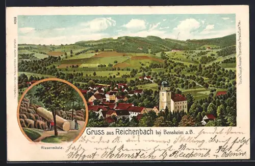Lithographie Reichenbach bei Bensheim, Riesensäule, Ortspanorama