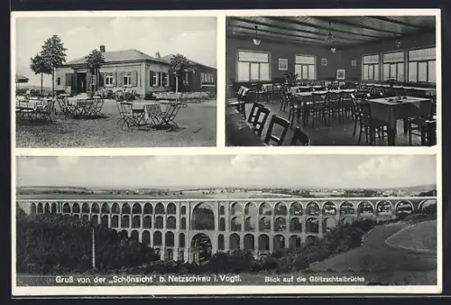 AK Netzschkau i. Vogtl., Gasthaus Schönsicht, Blick auf die Göltzschtalbrücke