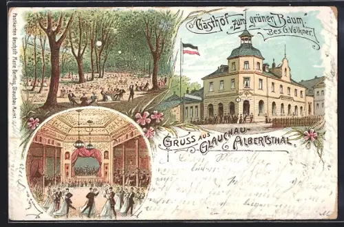 Lithographie Glauchau-Albertsthal, Gasthof zum grünen Baum, Gartenbereich mit Gästen, Tanzsaal