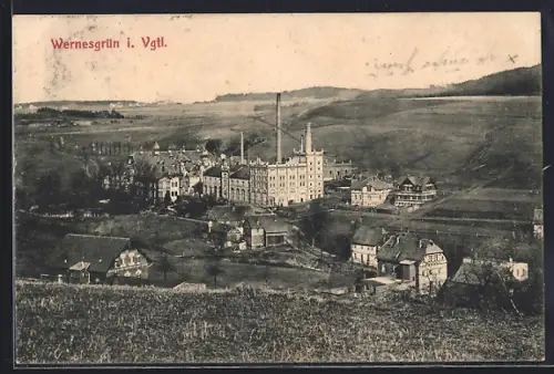 AK Wernesgrün i. Vgtl., Ortsansicht mit Brauerei